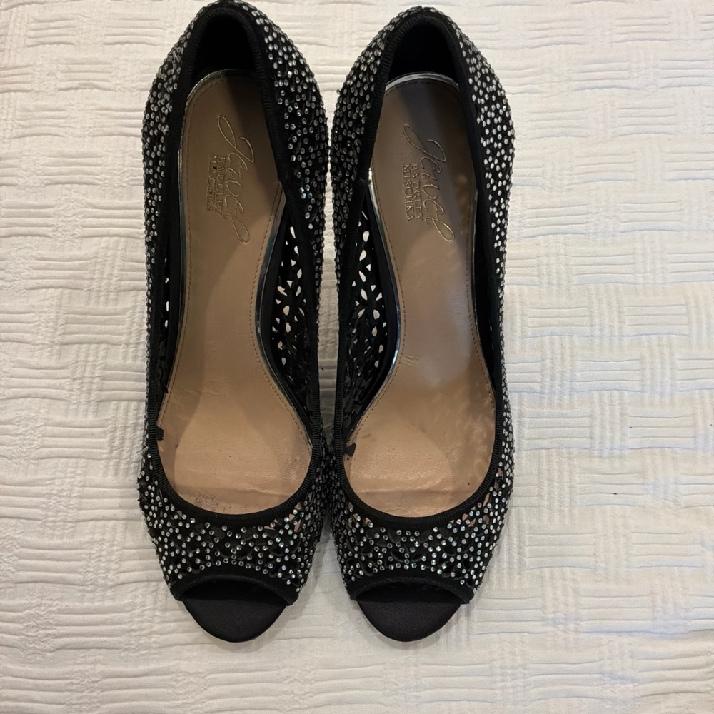 Jewel Badgley Mischka Black and Silver Peep-Toe Heels